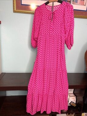 Bright Pink Patterned Maxi Dress with Puff Sleeves